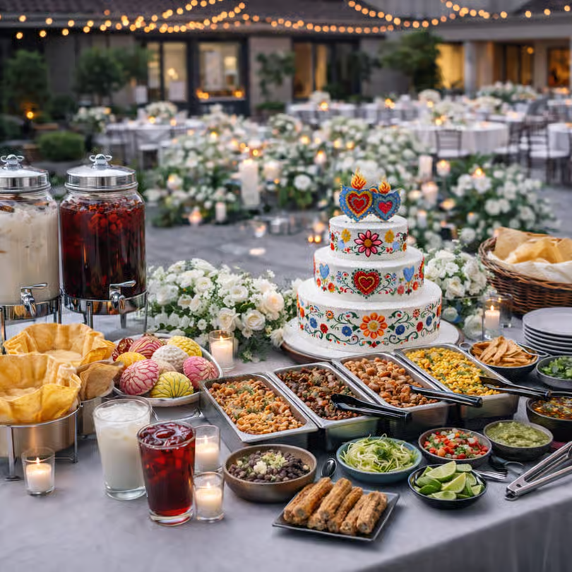 Sol Agave taco bar catering set up at a wedding reception in San Clemente, with guests building tacos from trays of carne asada, pollo asado and fresh toppings